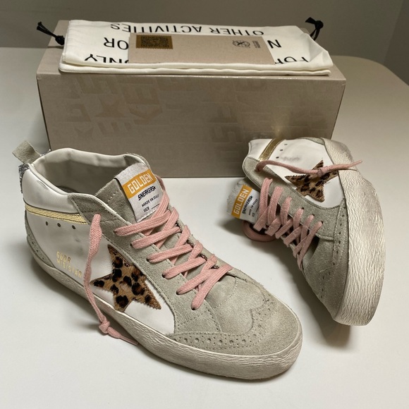 Golden Goose Mid Star Sneaker White Leather/Gold/Leopard Star sz 38 New in Box - Picture 9 of 14